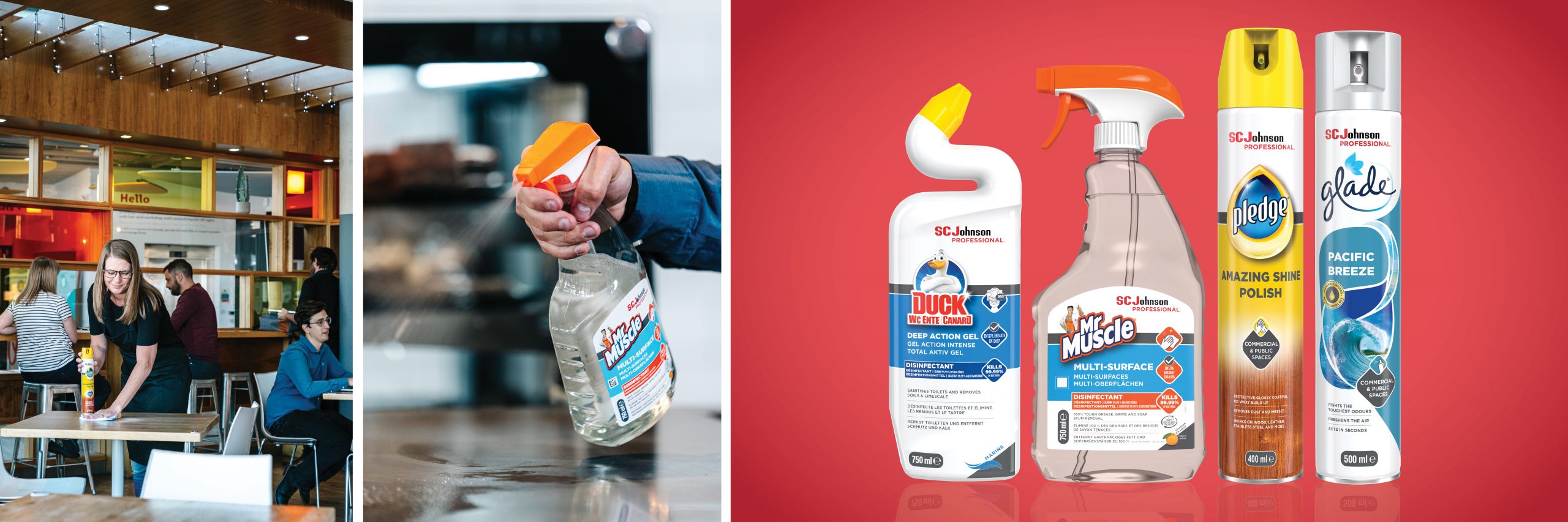Lady using cleaning products in a restaurant
