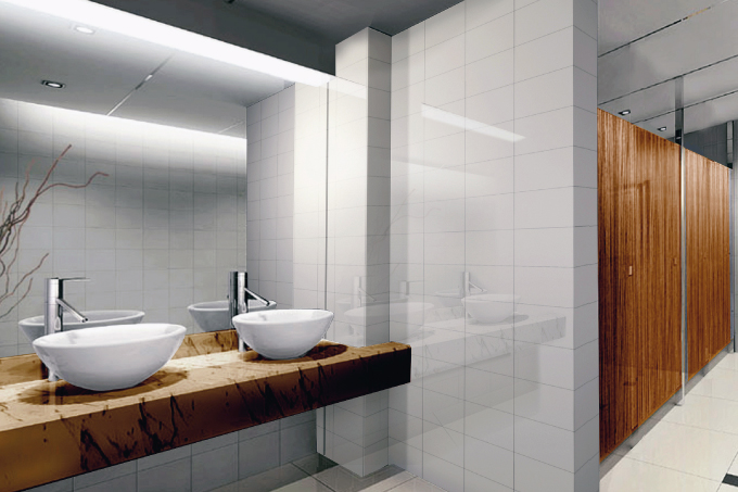 Public bathroom with sinks and a mirror