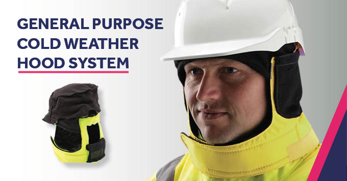 Man wearing a safety helmet and frost cape