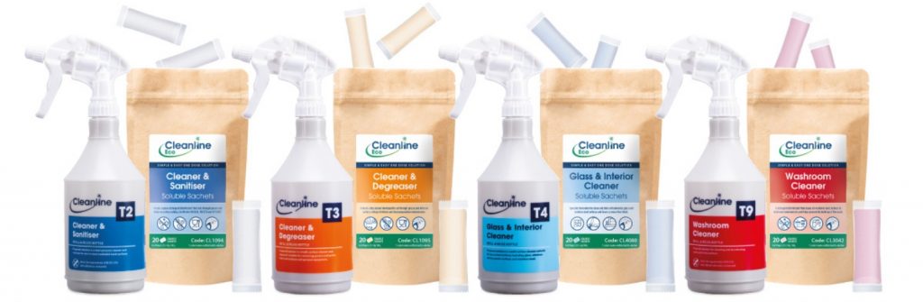 Cleaning spray bottles and sachets